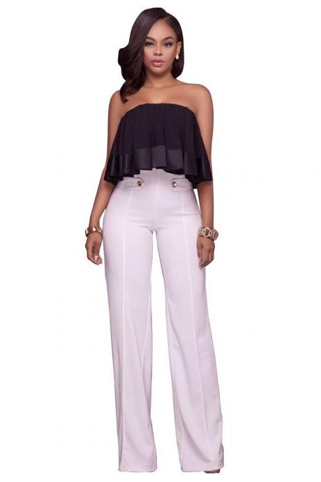 Hot Women High Waist Wide Leg Long Pants Office Lady Career Buttons Casual Trousers off white