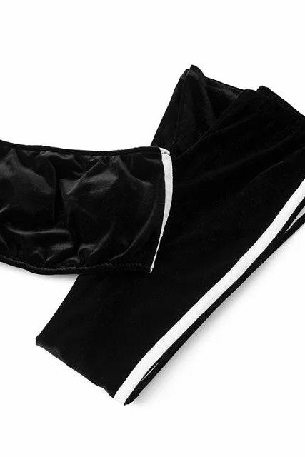 Women Velvet Strapless+Long Flare Pants Suit Striped Trousers Two Pieces Tracksuit black