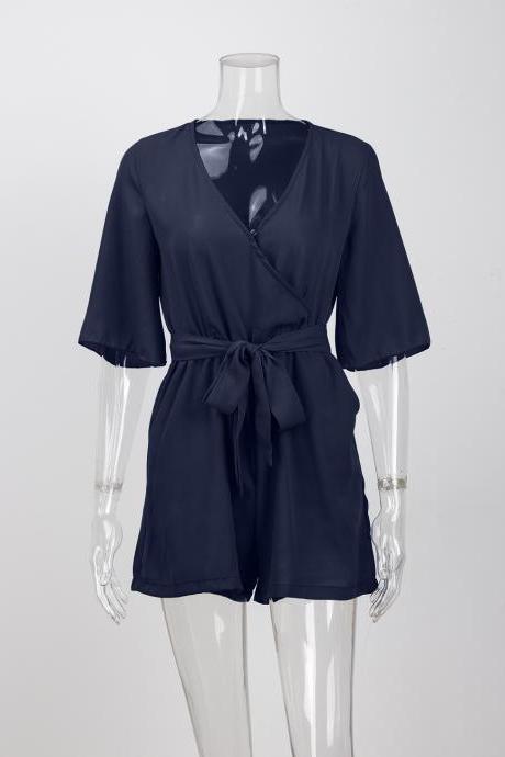 Women Summer Short Jumpsuit V Neck Chiffon Sexy Playsuit Half Sleeve Belted Beach Party Rompers navy blue