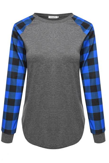 Plus Size Women T-shirt Plaid Raglan Long Sleeve Patchwork O-neck Baseball Tops Pullover Blue