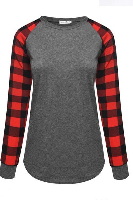 Plus Size Women T-shirt Plaid Raglan Long Sleeve Patchwork O-neck Baseball Tops Pullover Red