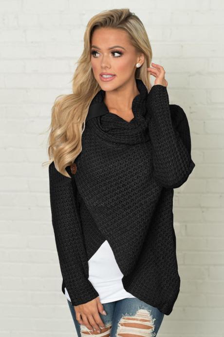 Women High Neck Sweater Buttons Loose Long Sleeve Asymmetrical Jumper Knitted Pullover Shirt Black