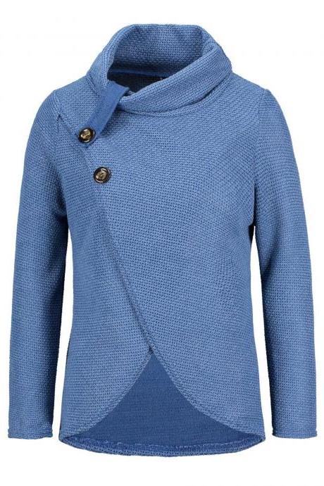 Women High Neck Sweater Buttons Loose Long Sleeve Asymmetrical Jumper Knitted Pullover Shirt blue