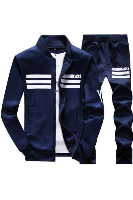 Mens Tracksuit Set Plus Size Stand Collar Men Sportswear Casual Sets Fitness Clothing navy blue