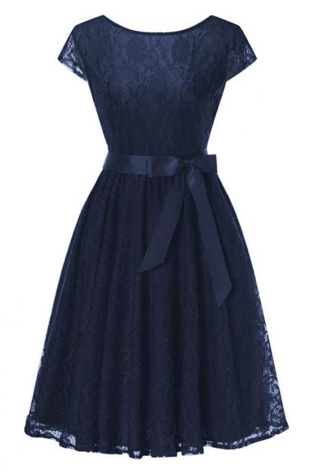 Elegant Floral Lace Pleated Dress Women Cap Sleeve Vintage Belted Swing Casual Party Dress Navy Blue