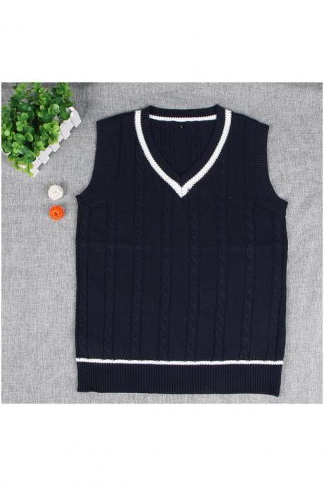 British Preppy Sleeveless Sweater Shool Uniforms V-neck Japanese Boys And Girls Students Knitted Vest navy blue
