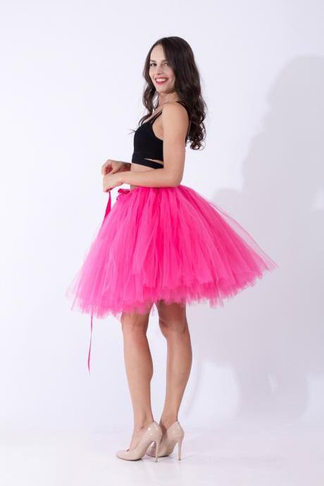 Midi Tulle Skirt Elegant Wedding Bridal Bridesmaid Women TUTU Skirt Lolita Petticoat hot pink