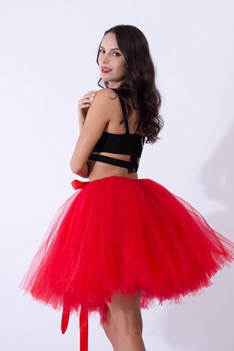 Midi Tulle Skirt Elegant Wedding Bridal Bridesmaid Women Tutu Skirt Lolita Petticoat Red