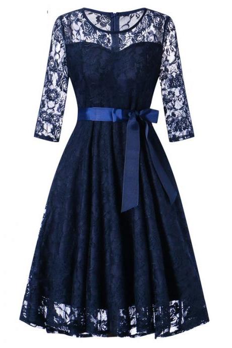 Women Floral Lace Dress 3/4 Sleeve Belted Elegant Evening Retro Swing Office Party Dress navy blue