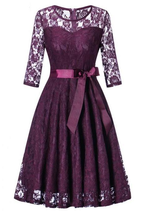 Women Floral Lace Dress 3/4 Sleeve Belted Elegant Evening Retro Swing Office Party Dress plum