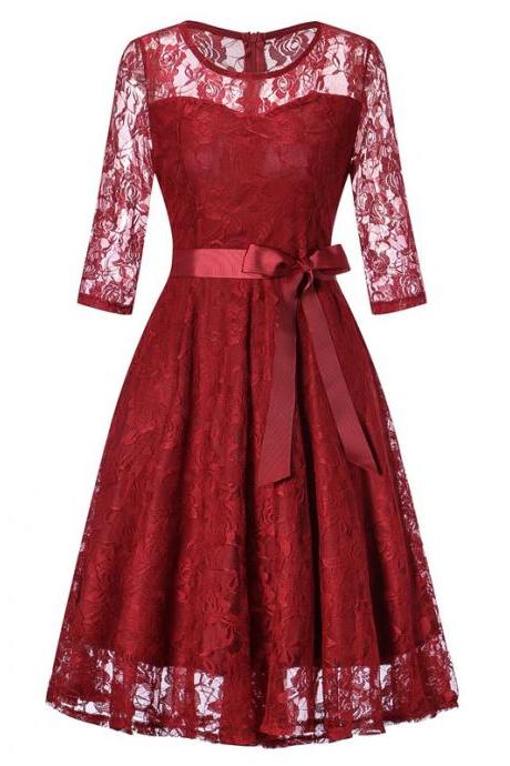 Women Floral Lace Dress 3/4 Sleeve Belted Elegant Evening Retro Swing Office Party Dress wine red