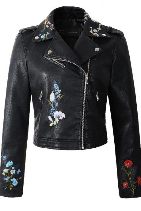 Spring Women Faux Pu Leather Jacket Lady Slim Floral Embroidery Zippers Motorcycle Coat Outerwear Black