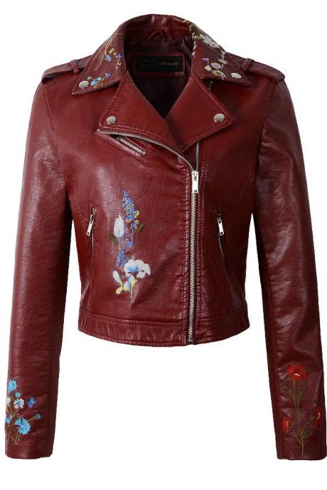 Spring Women Faux Pu Leather Jacket Lady Slim Floral Embroidery Zippers Motorcycle Coat Outerwear Burgundy