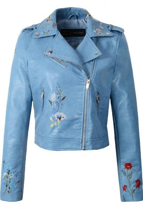 New Spring Women Faux PU Leather Jacket Lady Slim Floral Embroidery Zippers Motorcycle Coat Outerwear light blue