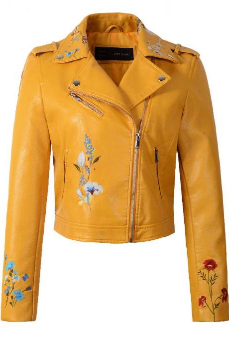 Spring Women Faux Pu Leather Jacket Lady Slim Floral Embroidery Zippers Motorcycle Coat Outerwear Yellow