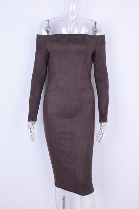  Women Suede Dress Sexy Bodycon Party Long Sleeve Off The Shoulder Club Pencil Dress khaki