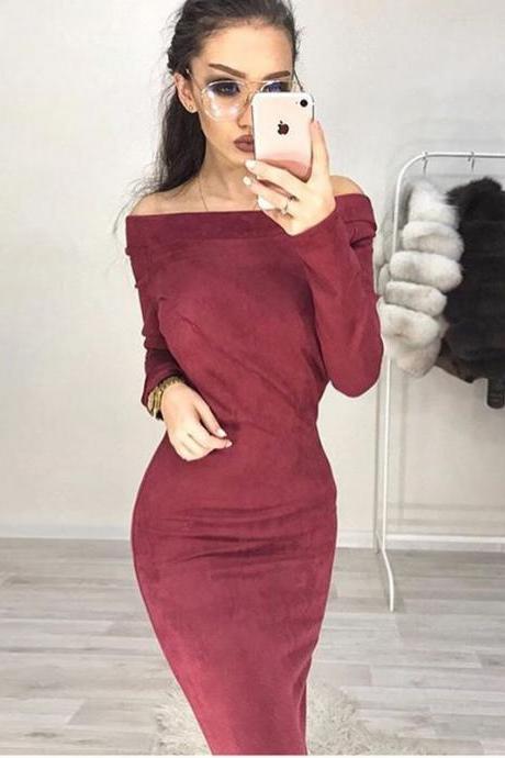  Women Suede Dress Sexy Bodycon Party Long Sleeve Off The Shoulder Club Pencil Dress red