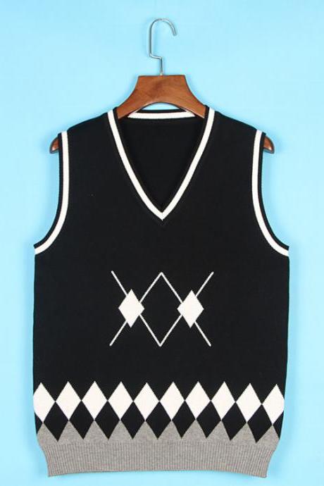 Spring Autumn V-Neck Knitted Vest Boys and Girls Japanese School Uniform Sleeveless Sweater black