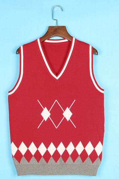 Spring Autumn V-Neck Knitted Vest Boys and Girls Japanese School Uniform Sleeveless Sweater red