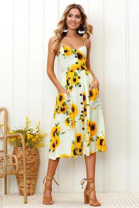 Boho Midi Dress Women Sexy Spaghetti Strap Buttons Pockets Floral Printed Beach Sundress 3#