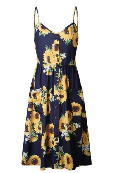 Boho Midi Dress Women Sexy Spaghetti Strap Buttons Pockets Floral Printed Beach Sundress 5#