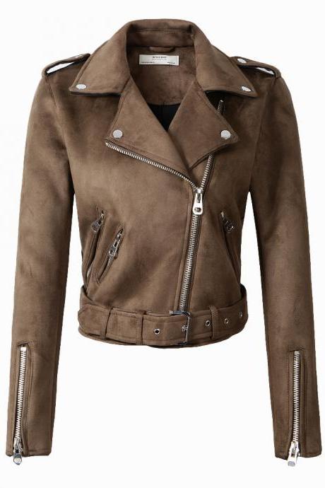  New Arrial Women Suede Faux Leather Jackets Lady Fashion Motorcycle Coat Biker Outerwear coffee