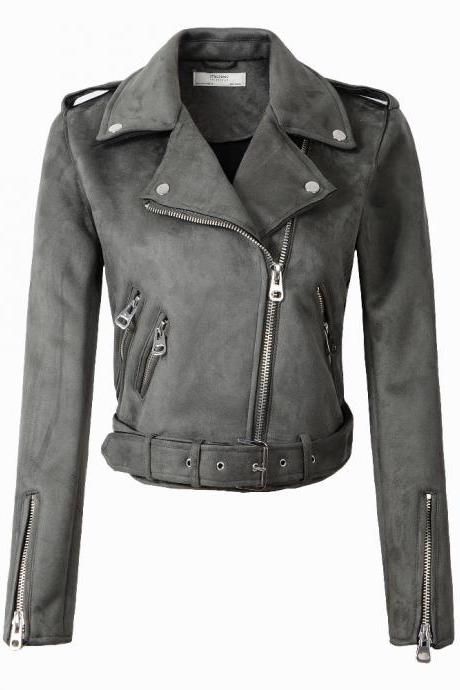 New Arrial Women Suede Faux Leather Jackets Lady Fashion Motorcycle Coat Biker Outerwear gray