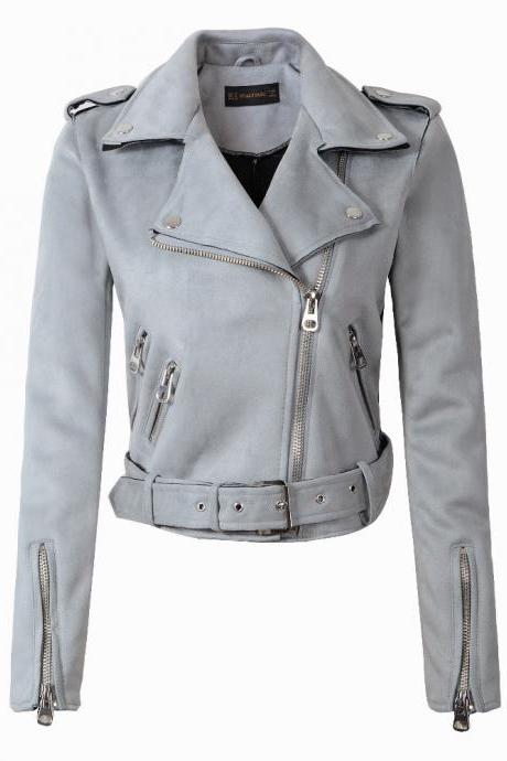 New Arrial Women Suede Faux Leather Jackets Lady Fashion Motorcycle Coat Biker Outerwear light blue
