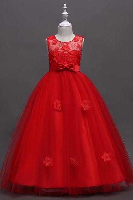 Long Flower Girl Dress Teen Kids Formal Party Wedding Birthday Gown Children Clothes red