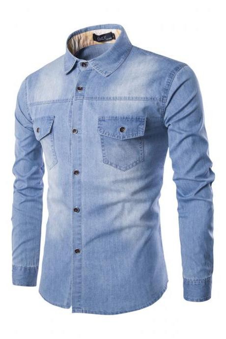 Mens Denim Shirt Cotton Two Pockets Male Long Sleeve Slim Fit Casual Jeans Shirt M-6xl light blue