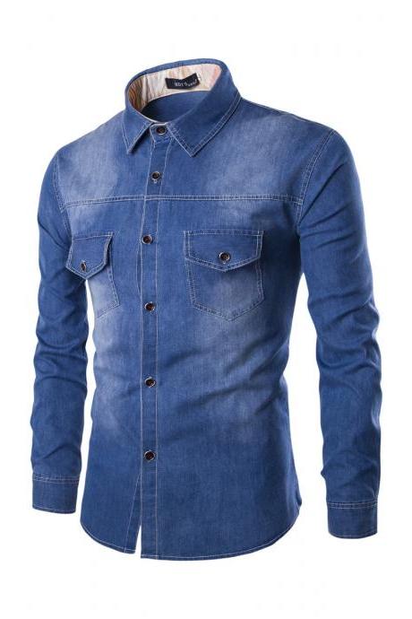 Mens Denim Shirt Cotton Two Pockets Male Long Sleeve Slim Fit Casual Jeans Shirt M-6xl blue