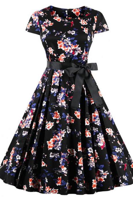 Vintage Floral Pleated Dress Women Square Collar Belted Cap Sleeve Summer Party Dress2#