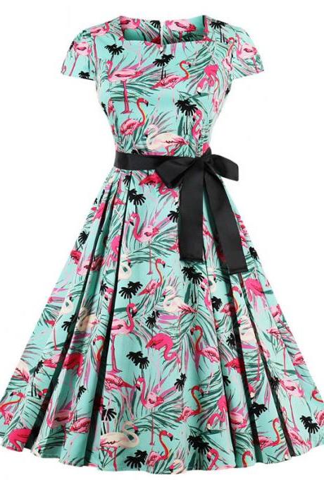 Vintage Floral Pleated Dress Women Square Collar Belted Cap Sleeve Summer Party Dress3#