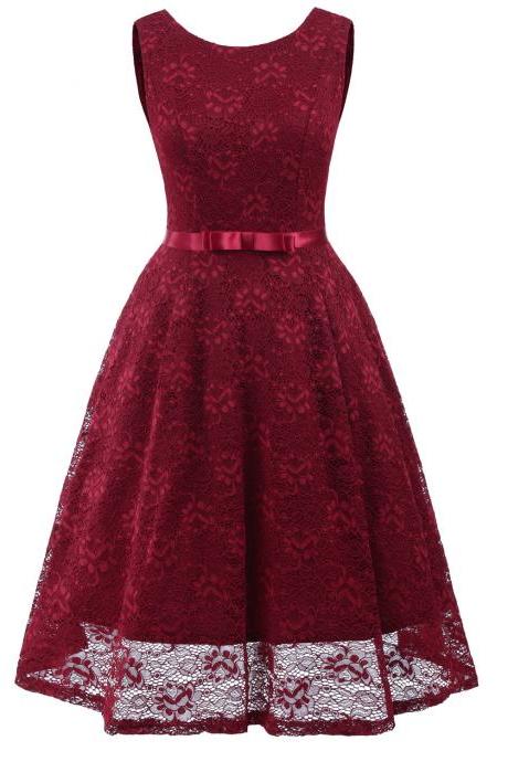 Vintage Floral Lace Dress O Neck Sleeveless Bow Belted Wedding Party Swing Dress Burgundy