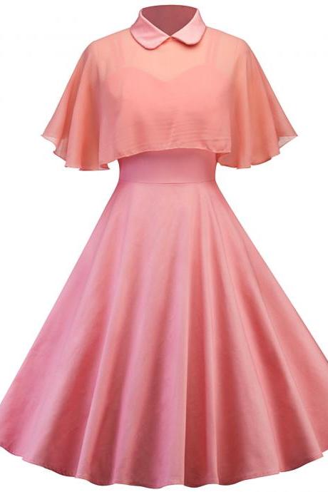 Vintage Hepburn 50 60s Casual Dress Doll Collar Butterfly Sleeve Cloak Big Swing Cocktail Party Dress pink