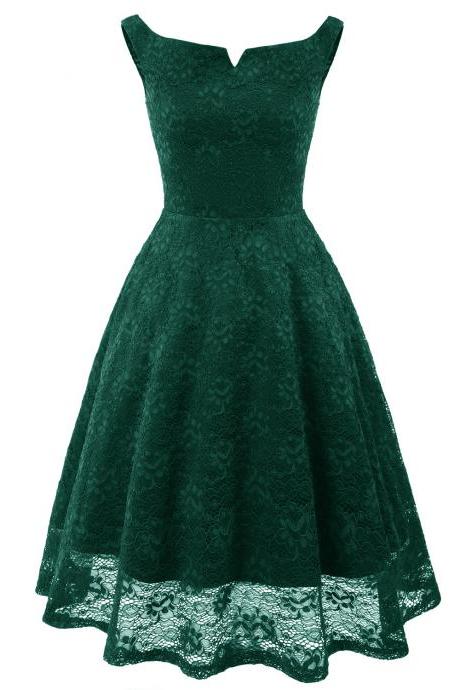 Vintage Floral Lace Dress Sleeveless A-Line Office Cocktail Party Club Dress green
