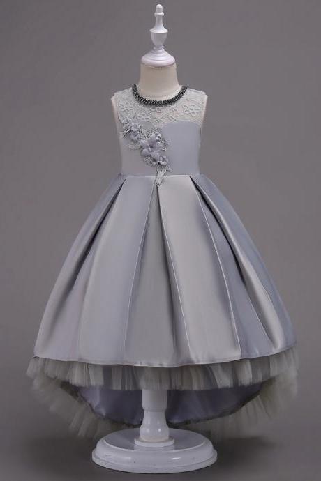 Princess Flower Girl Dress Lace High Low Wedding Birthday Party Tutu Gown Kids Clothes Gray