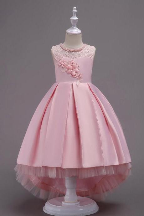 Princess Flower Girl Dress Lace High Low Wedding Birthday Party Tutu Gown Kids Clothes Pink