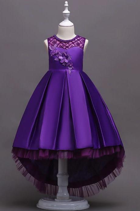Princess Flower Girl Dress Lace High Low Wedding Birthday Party Tutu Gown Kids Clothes Purple