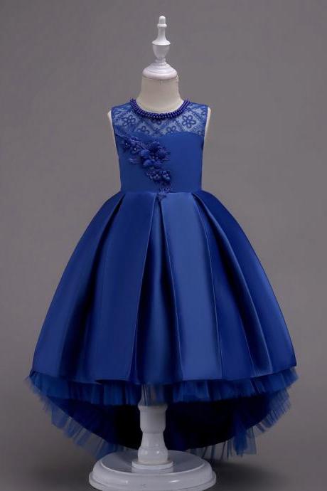 Princess Flower Girl Dress Lace High Low Wedding Birthday Party Tutu Gown Kids Clothes Royal Blue