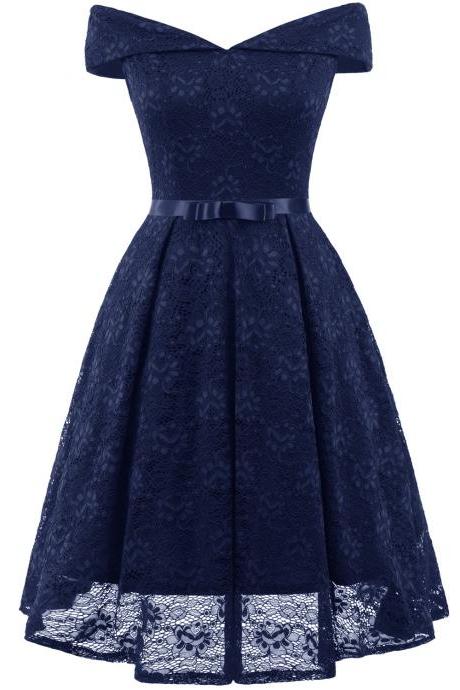 Vintage 50 60s Lace Dress Off the Shoulder Women Cocktail Office Swing Party Dress navy blue