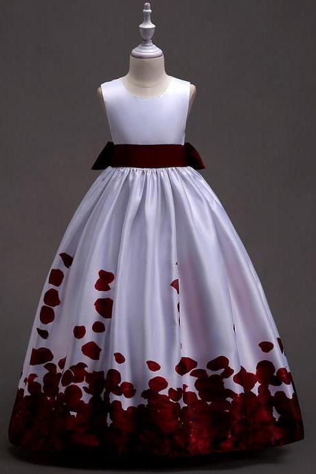 Long Flower Girl Dress Floral Printed Teens Wedding Bridesmaid Party Gown Children Clothes Burgundy