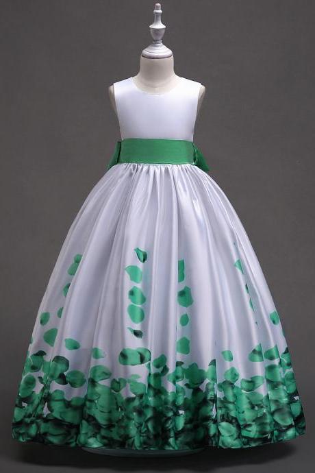 Long Flower Girl Dress Floral Printed Teens Wedding Bridesmaid Party Gown Children Clothes Green