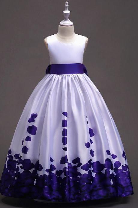 Long Flower Girl Dress Floral Printed Teens Wedding Bridesmaid Party Gown Children Clothes Purple