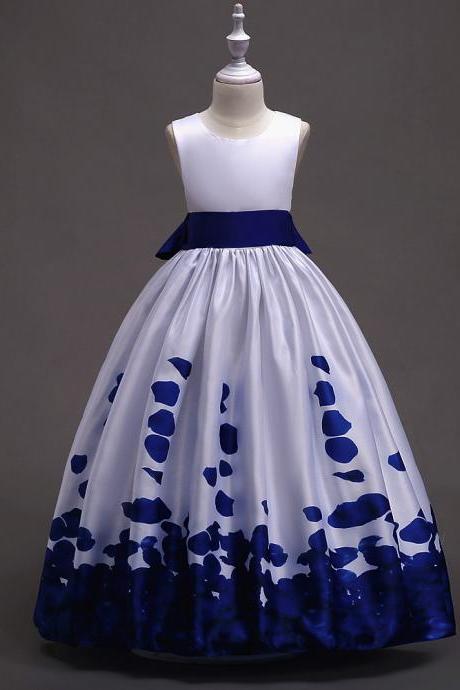 Long Flower Girl Dress Floral Printed Teens Wedding Bridesmaid Party Gown Children Clothes Royal Blue