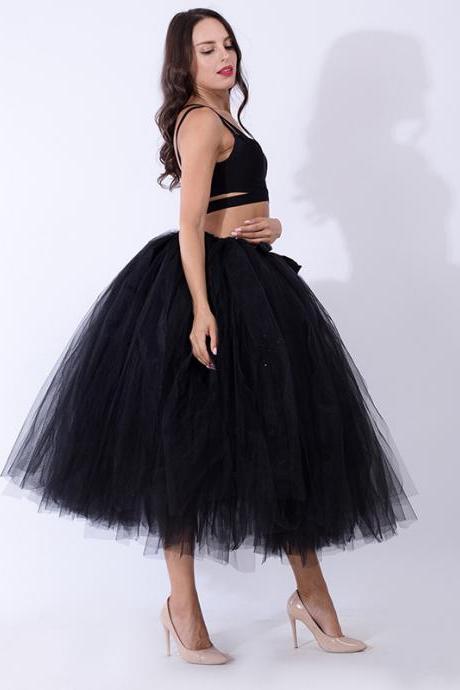 Women Puffy Tutu Skirts Long Tea Length Tulle Skirt Wedding Bridesmaid Lolita Under skirt black