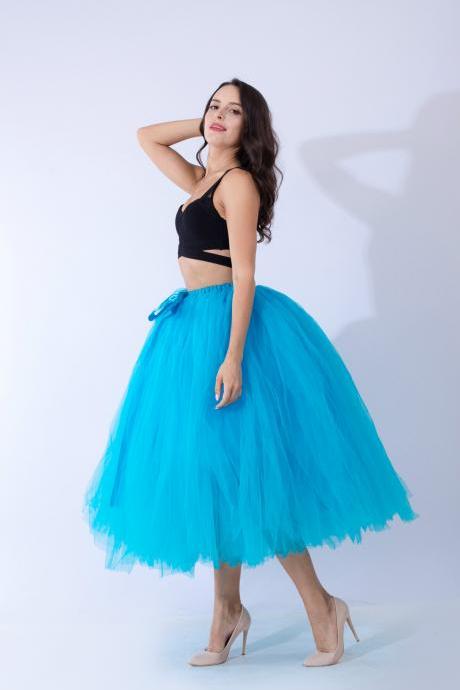 Women Puffy Tutu Skirts Long Tea Length Tulle Skirt Wedding Bridesmaid Lolita Under skirt blue