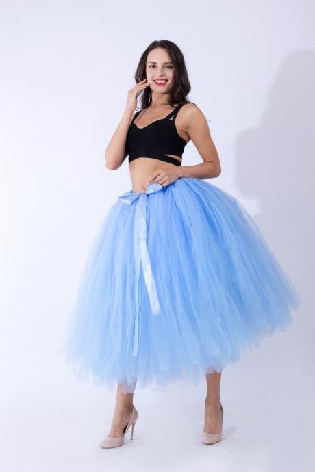 Women Puffy Tutu Skirts Long Tea Length Tulle Skirt Wedding Bridesmaid Lolita Under skirt china blue