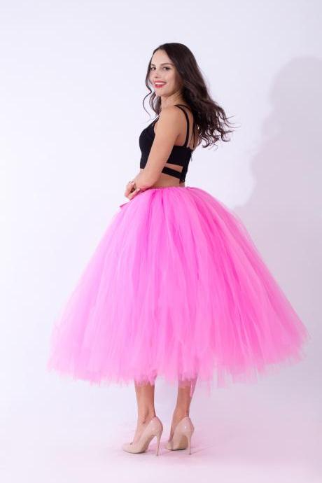 Women Puffy Tutu Skirts Long Tea Length Tulle Skirt Wedding Bridesmaid Lolita Under skirt deep pink