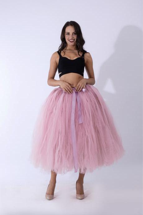 Women Puffy Tutu Skirts Long Tea Length Tulle Skirt Wedding Bridesmaid Lolita Under skirt dusty pink